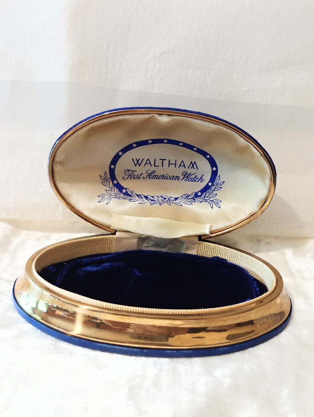 Waltham Blue Velvet Lined Gold Tone Jewelry Watch Presentation Box Case